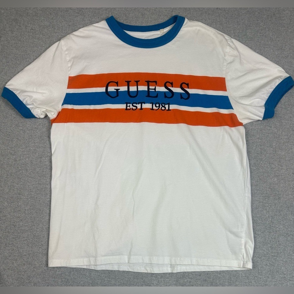 Guess‎ Ringer T Shirt Mens Large Logo Retro 90s Y2K Blue Orange - Picture 2 of 7